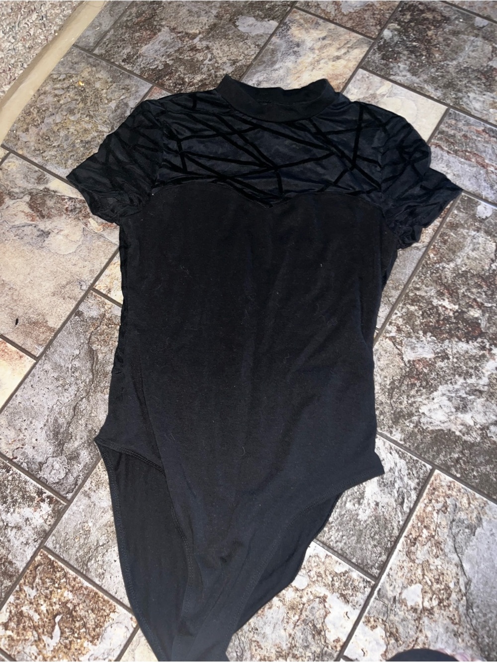Short-Sleeve Mock Neck Black Bodysuit with Velvet Geometric Yoke